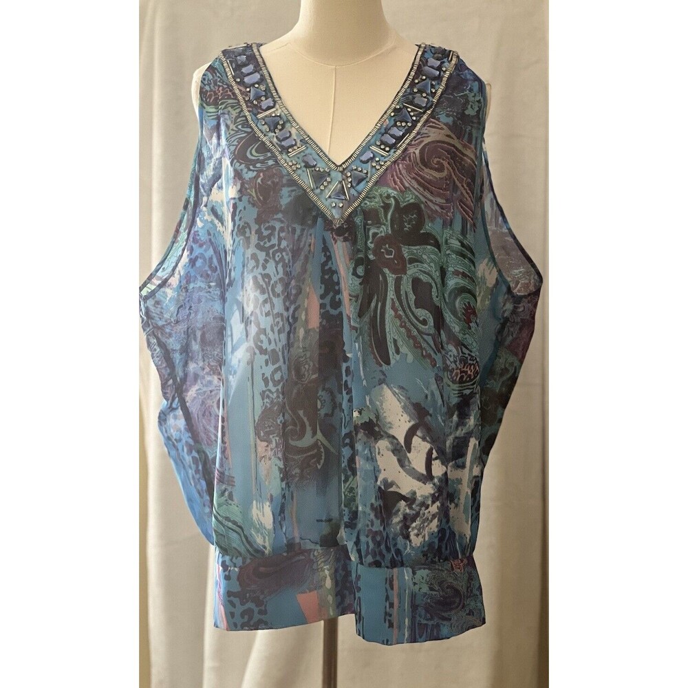 Adrienne Vittadini Sleeveless Printed Blouse Sheer  Beaded Neckline size Large